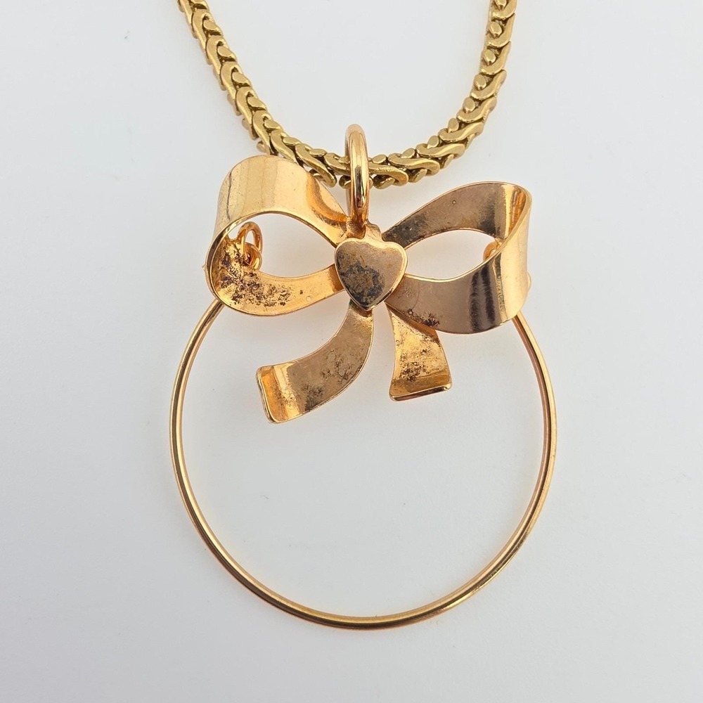 Vtg EXCELL MANUFACTURING Necklace Bow Charm Keeper 14K Yellow Gold Filled 28"